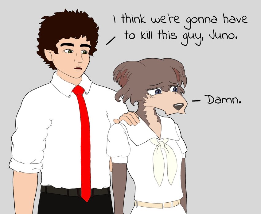 anthro bottomwear brown_hair clothing dialogue duo female fur grey_background hair hand_on_shoulder lips male male/female necktie pants rolled_up_sleeves shirt simple_background text topwear uniform white_clothing white_shirt white_shirt_collar white_topwear chipepper_(artist) beastars i_think_we're_gonna_have_to_kill_this_guy tally_hall joe_hawley juno_(beastars) canid canine canis human mammal wolf 2024 colored digital_media_(artwork) english_text hi_res meme