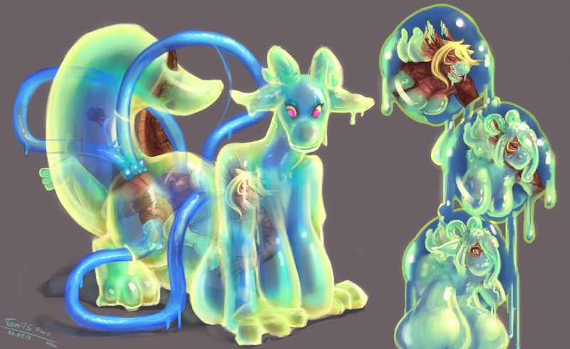 all_fours anthro big_breasts body_encapsulation breasts duo female non-mammal_breasts nude tentacles transformation translucent translucent_body translucent_tentacles temils schatti shikosa fish goo_creature marine shark 2018