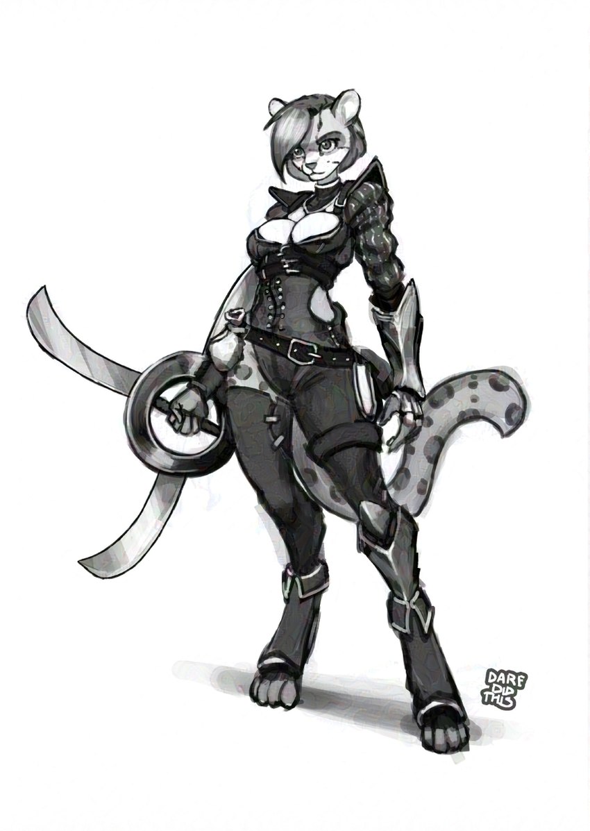 anthro armor belt cleavage_cutout clothed clothing cutout digitigrade facial_markings female fully_clothed fuuma_shuriken gauntlets gloves greaves handwear head_markings leopard_spots markings mask_(marking) pouch_(anatomy) pouch_purse ranged_weapon serious_face shuriken simple_background solo spots standing throwing_weapon weapon white_background dare_(artist) ta'liana felid feline leopardus mammal ocelot 2025 adversarial_noise greyscale hi_res monochrome