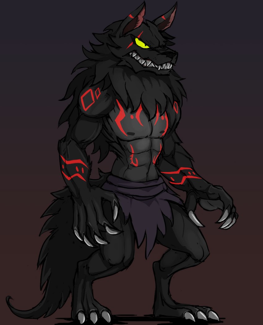 anthro black_body black_fur bottomwear claws clothing fangs fantasy fur growling loincloth male muscular nipples pecs protagonist tattoo teeth tribal tribe warrior yellow_eyes tcrakman mythology canid canine canis mammal mythological_canine mythological_creature werecanid werecanine werecreature werewolf wolf