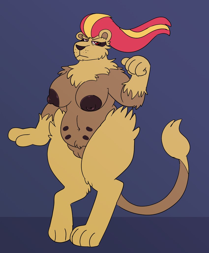 anthro areola big_breasts breasts brown_areola brown_nipples butt female fur genitals hair multi_nipple nipples nude pokemorph pussy simple_background solo tail sstinkies nintendo pokemon felid generation_6_pokemon mammal pokemon_(species) pyroar absurd_res hi_res