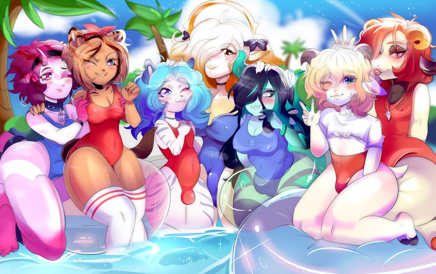 anthro beach breasts bulge clothing female femboy fluffy group intersex male one-piece_swimsuit sea summer swimming swimming_pool swimwear tail water miumyara fem felid humanoid mammal pantherine tiger