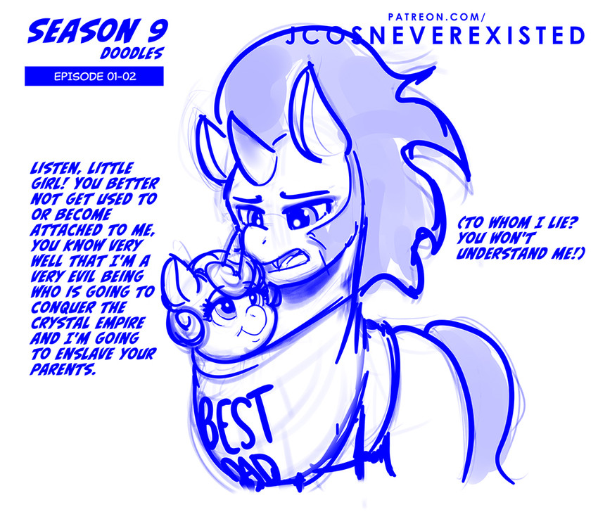 carrying_baby carrying_person clothing dialogue duo fangs female feral horn male teeth text young young_feral conditional_dnp jcosneverexisted friendship_is_magic hasbro my_little_pony mythology flurry_heart_(mlp) king_sombra_(mlp) equid equine mammal mythological_creature mythological_equine unicorn blue_and_white english_text monochrome