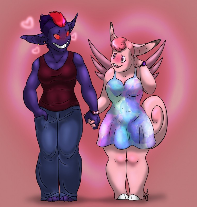 anthro big_ears blush bracelet clothed clothing dress duo ear_piercing female female/female fur glowing glowing_eyes hair hand_holding hooves jewelry love mohawk muscular piercing pink_body pink_fur pink_hair purple_body purple_eyes purple_fur red_eyes red_hair shirt shush smile tank_top thick_thighs topwear wings kitterjitters nintendo pokemon clefable generation_1_pokemon gengar pokemon_(species) taffy_(disambiguation) hi_res