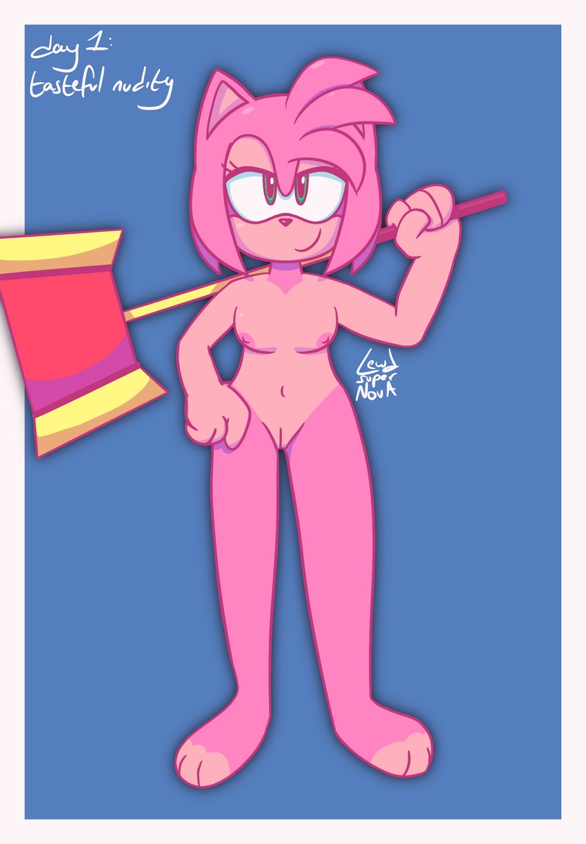 anthro bedroom_eyes female genitals hammer maul narrowed_eyes nude pussy seductive solo tools lewd_supernova sega sonic_the_hedgehog_(series) amy_rose eulipotyphlan hedgehog mammal hi_res