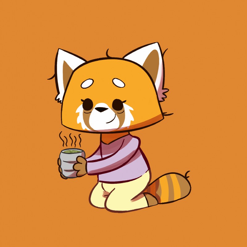 anthro clothing container cup eyelashes female orange_background simple_background smile solo gabbah aggretsuko sanrio retsuko ailurid mammal red_panda 1:1 hi_res