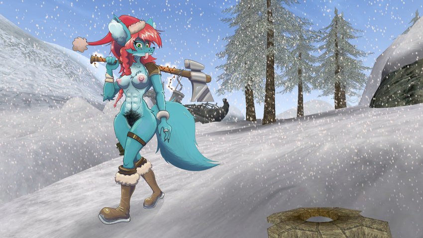 anthro armed axe big_breasts boots breasts clothing female footwear hair hairy holidays melee_weapon nipples nude pubes red_hair shoes snow solo tongue tongue_out weapon miyuka blizzard_entertainment christmas warcraft rubella_the_worgen canid canine canis mammal werecanid werecreature wolf worgen absurd_res hi_res