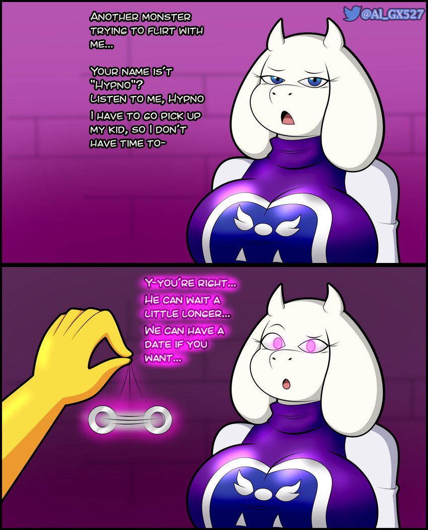 anthro big_breasts black_border border breasts clothed clothing dialogue duo faceless_character faceless_male female fur hypnosis male male/female mature_female mind_control pendulum text trance white_body white_fur yellow_body al_gx nintendo pokemon undertale undertale_(series) toriel boss_monster_(undertale) bovid caprine generation_1_pokemon goat hypno_(pokemon) mammal pokemon_(species) absurd_res english_text hi_res