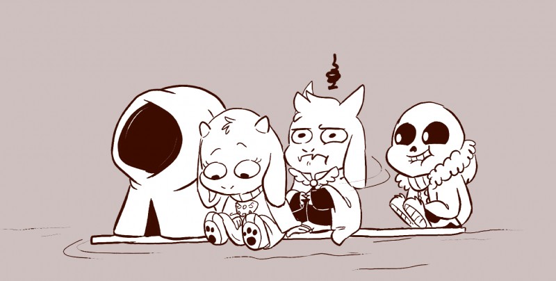 alternate_universe annoyed anthro bone chibi female grin group horn male skeleton smile young mudkipful littletale undertale undertale_(series) asgore_dreemurr river_person_(undertale) sans_(undertale) toriel animated_skeleton boss_monster_(undertale) bovid caprine mammal undead 2015 hi_res monochrome