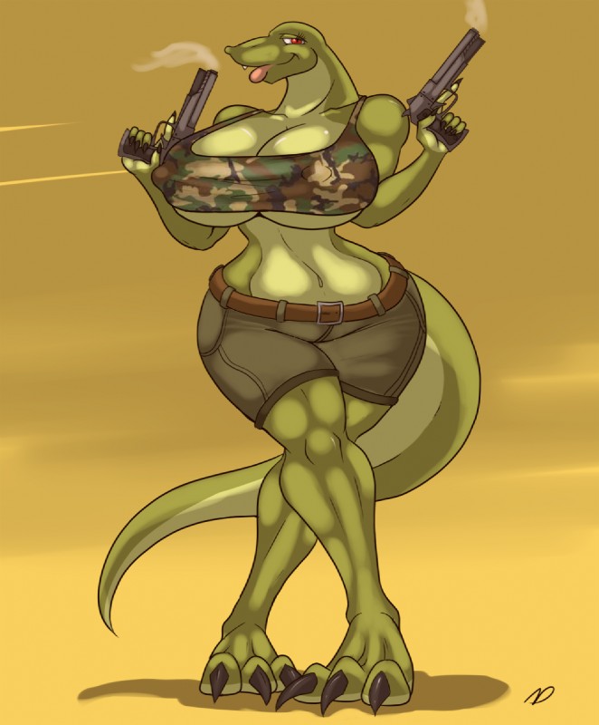 3_toes anthro big_breasts bottomwear breasts camo clothed clothing feet female gun handgun huge_breasts huge_hips military navel non-mammal_breasts pistol ranged_weapon shirt shorts simple_background skimpy solo tail toes topwear weapon wide_hips conditional_dnp zp92 pamela_rex_(zp92) dinosaur prehistoric_species reptile scalie theropod tyrannosaurid tyrannosauroid tyrannosaurus tyrannosaurus_rex 2013 digital_media_(artwork) hi_res