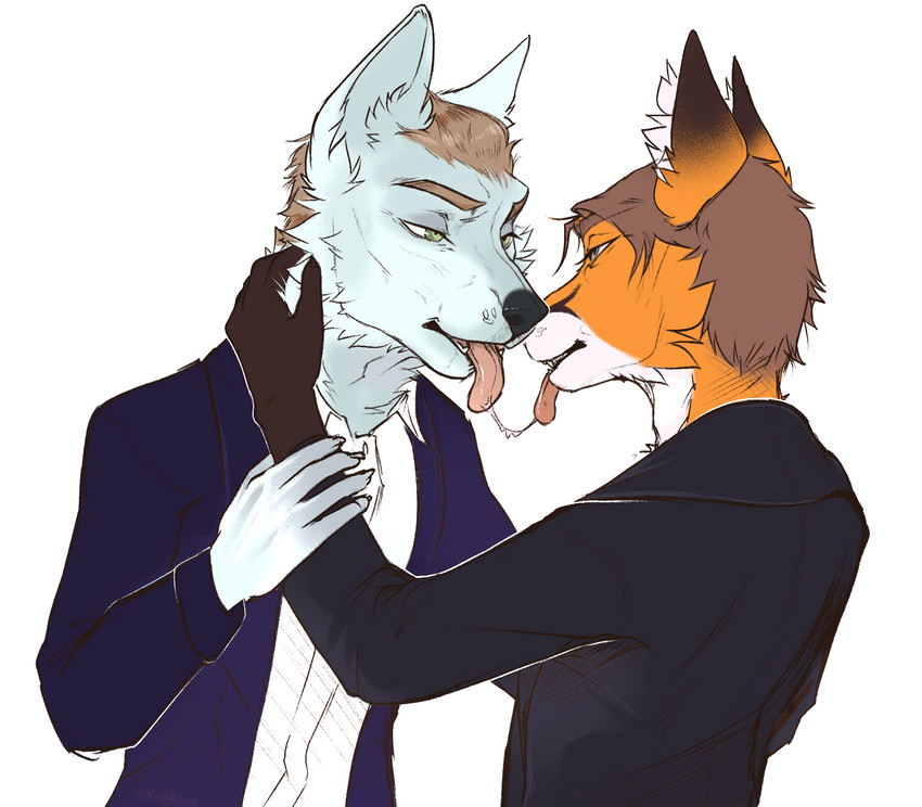 anthro duo kissing male male/male open_mouth kaurimoon canid canine canis fox mammal wolf hi_res