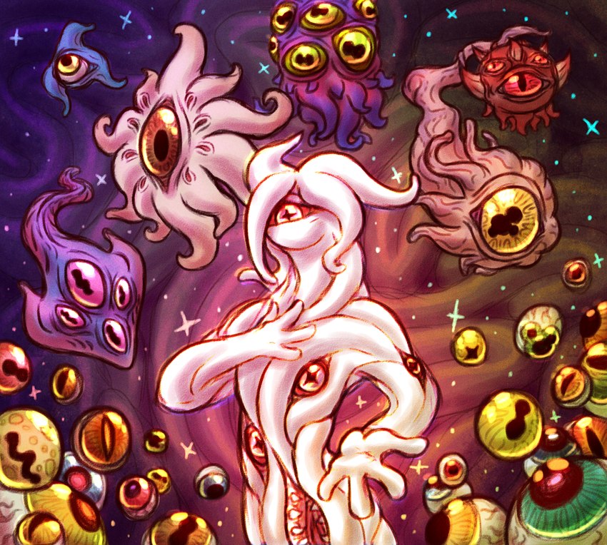 1_eye ambiguous_gender belly_mouth chromatic_aberration cross_pupils disembodied_eyes eyeball floating group horizontal_pupils multi_eye offering_hand pseudo_hair pupils red_eyes slit_pupils star tentacles unusual_anatomy unusual_pupils white_body taraelblackwing sammor'ngoth_(taraelblackwing) deity eldritch_abomination eldritch_being humanoid hi_res