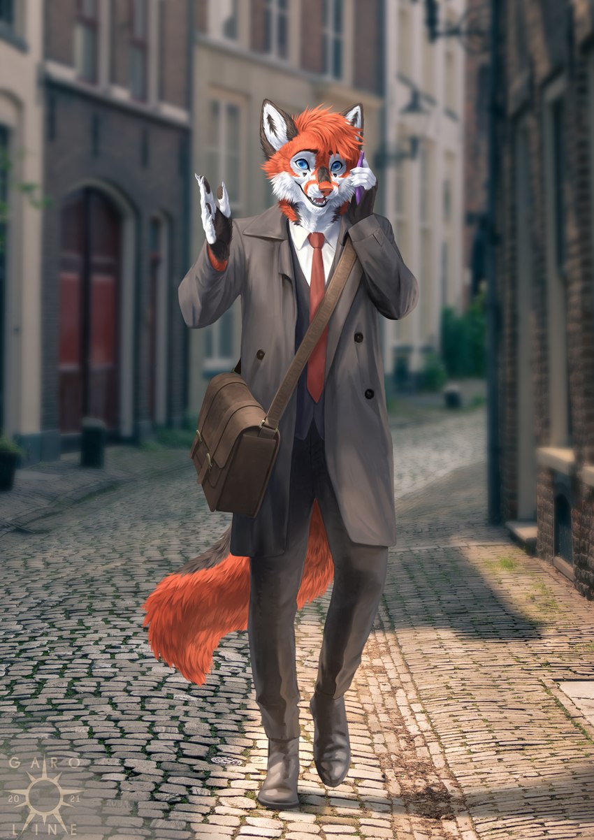 5_fingers blue_eyes cellphone clothing day detailed_background electronics eyebrows fingers fur grey_clothing grey_jacket grey_topwear hair jacket leather_bag multicolored_body multicolored_fur necktie open_mouth orange_body orange_fur orange_hair orange_nose outside phone red_necktie solo teeth tongue topwear kero_tzuki canid canine canis fox mammal 2021 dated digital_drawing_(artwork) digital_media_(artwork) hi_res watermark