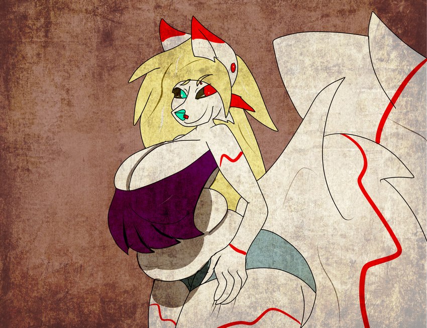 anthro big_tail blonde_hair breasts clothed clothing curvy_figure female fur hair heterochromia markings red_markings solo tail thick_thighs voluptuous white_body white_fur wide_hips evomutt canid canine canis mammal wolf absurd_res adobe_illustrator_(artwork) digital_media_(artwork) hi_res