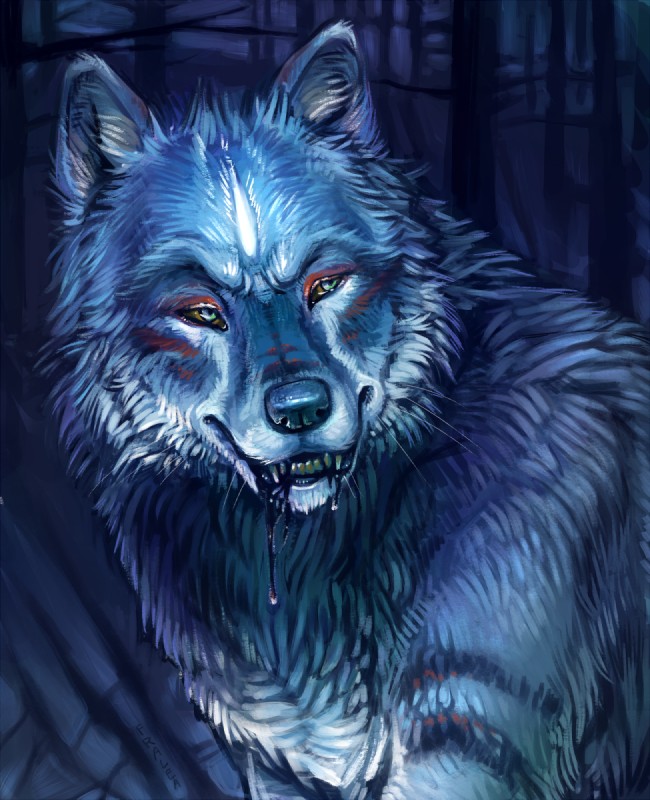 ambiguous_gender blue_body blue_fur bodily_fluids drooling feral forest fur night outside plant saliva solo tree fralea canid canine canis mammal wolf 2016 blue_theme bust_portrait hi_res portrait