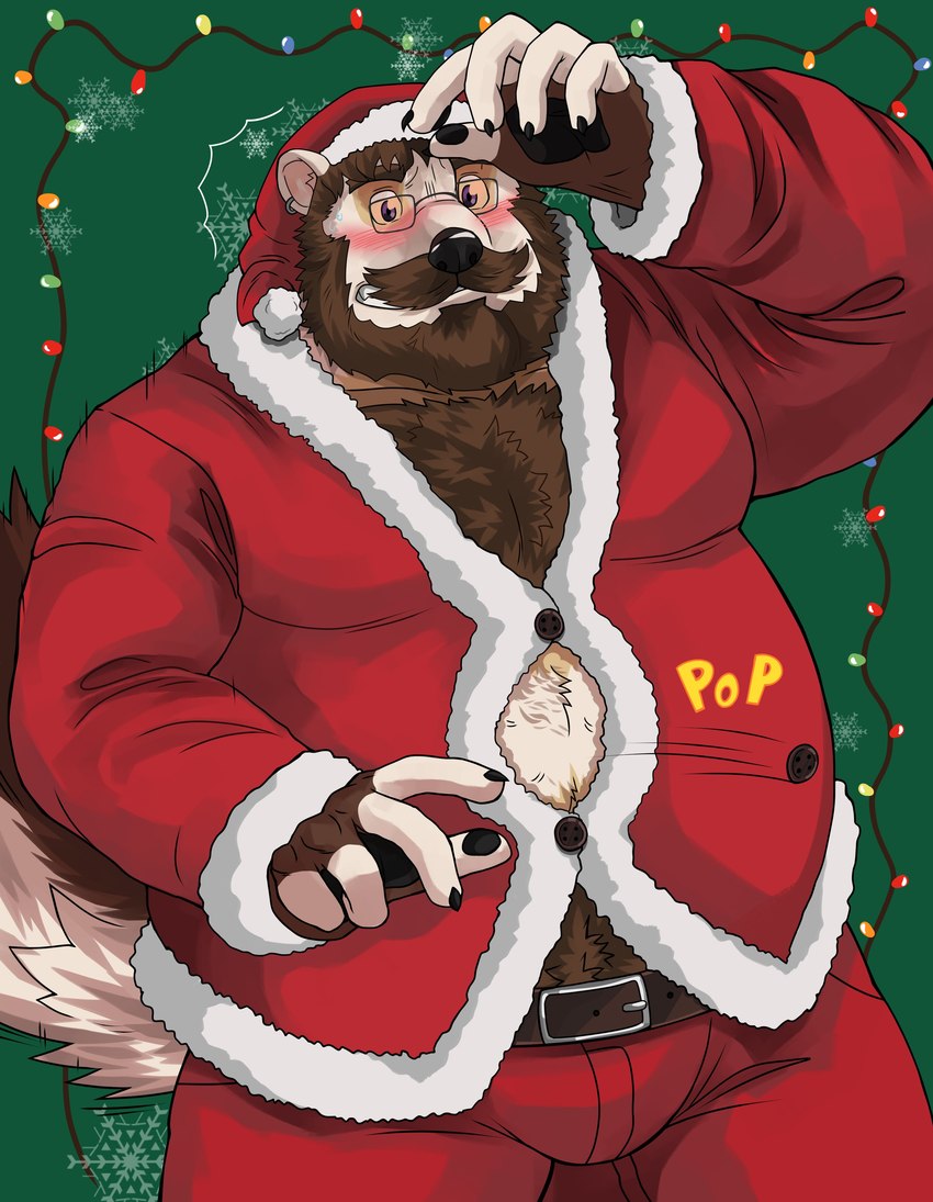 anthro beard belly black_nose blush bottomwear brown_body brown_fur bulge christmas_clothing christmas_headwear clothing eyewear facial_hair fur glasses hat headgear headwear holidays male mature_male mustache overweight overweight_male pants santa_hat solo naikuma christmas santa_claus bear mammal 2021 absurd_res hi_res