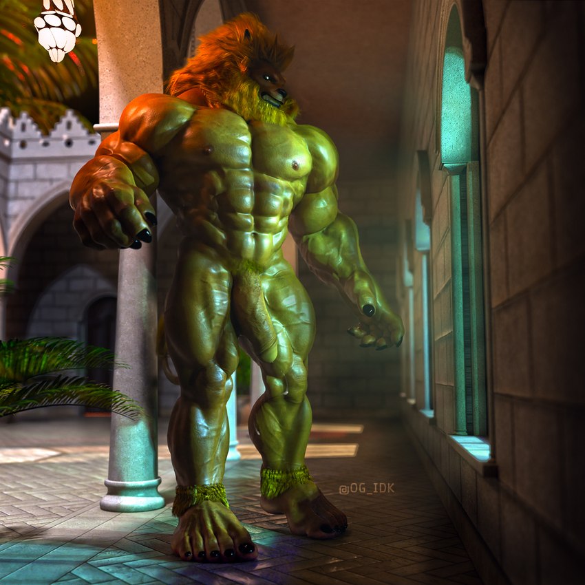 beard big_muscles facial_hair feet genitals humanoid_feet male mane muscular muscular_male nipples nude penis plantigrade public solo window og_idk bandai_namco digimon digimon_(species) leomon 1:1 3d_(artwork) digital_media_(artwork) hi_res