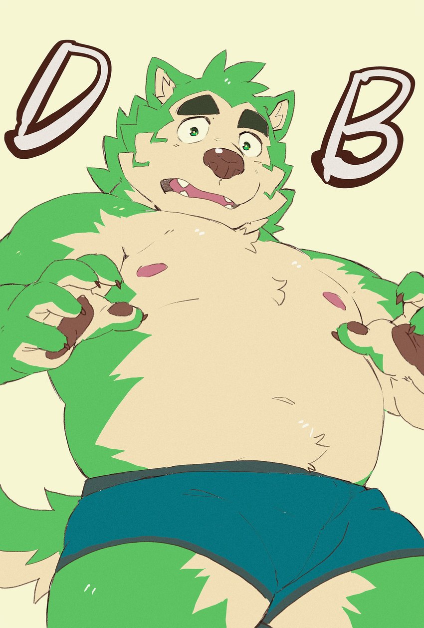 anthro belly briefs clothed clothing eyebrows fur green_body green_fur male navel nipples overweight pawpads solo surprised_expression thick_eyebrows topless underwear heylaw21 lifewonders live_a_hero mokdai canid canine canis domestic_dog mammal absurd_res hi_res