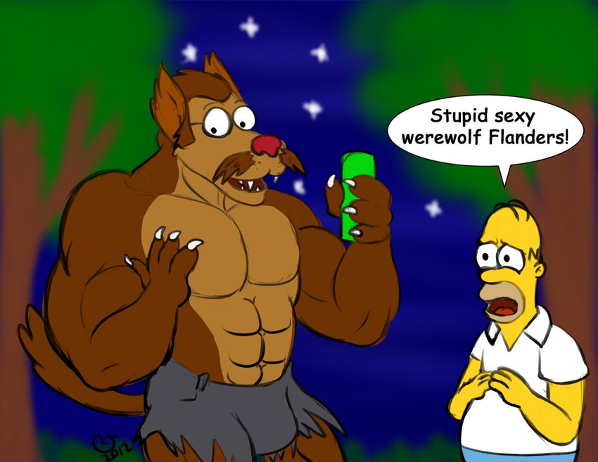 anthro balding brown_body brown_fur claws duo eyewear facial_hair fangs fur glasses male muscular mustache teeth text yellow_body yellow_skin caseyljones 20th_century_fox gracie_films mythology the_simpsons treehouse_of_horror homer_simpson ned_flanders werewolf_flanders canid canine canis human mammal mythological_canine mythological_creature werecanid werecanine werecreature werewolf wolf english_text