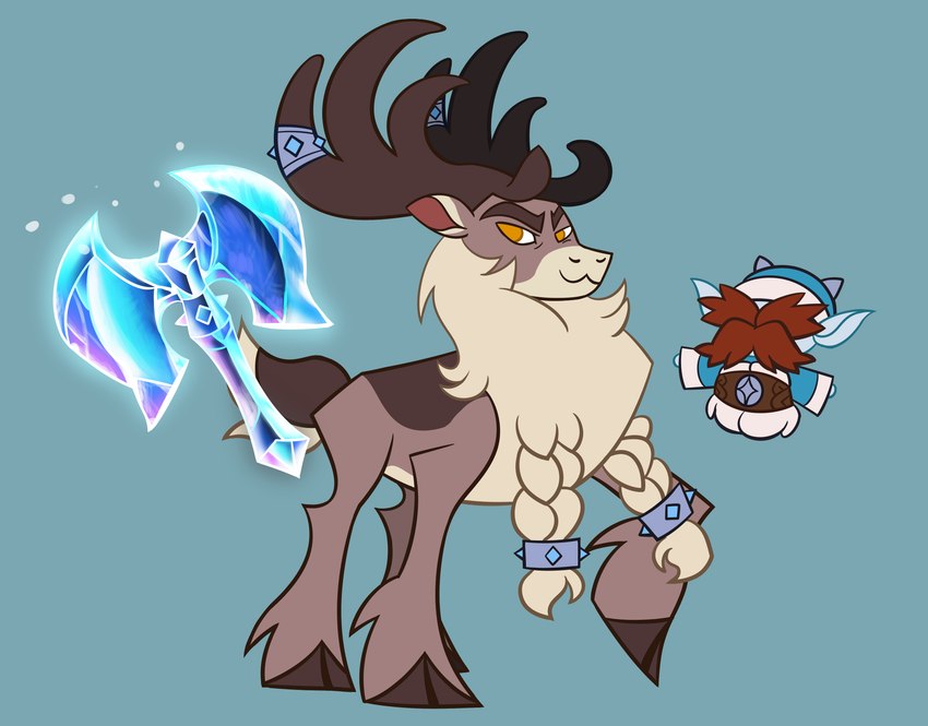 antlers axe battle_axe belt blue_background braided_hair brown_antlers cloven_hooves double_bitted_axe duo eyebrows facial_hair feral fur grey_body grey_fur hair hooves horn horn_jewelry ice ice_axe jewelry labrys looking_at_viewer magic male multicolored_body multicolored_fur mustache no_pupils on_model quadruped raised_hoof simple_background snow solo telekinesis weapon white_body white_fur nonameorous them's_fightin'_herds stronghoof_hoofstrong vetr_(tfh) deer mammal new_world_deer reindeer winter_sprite 2023 digital_drawing_(artwork) digital_media_(artwork) full-length_portrait hi_res portrait