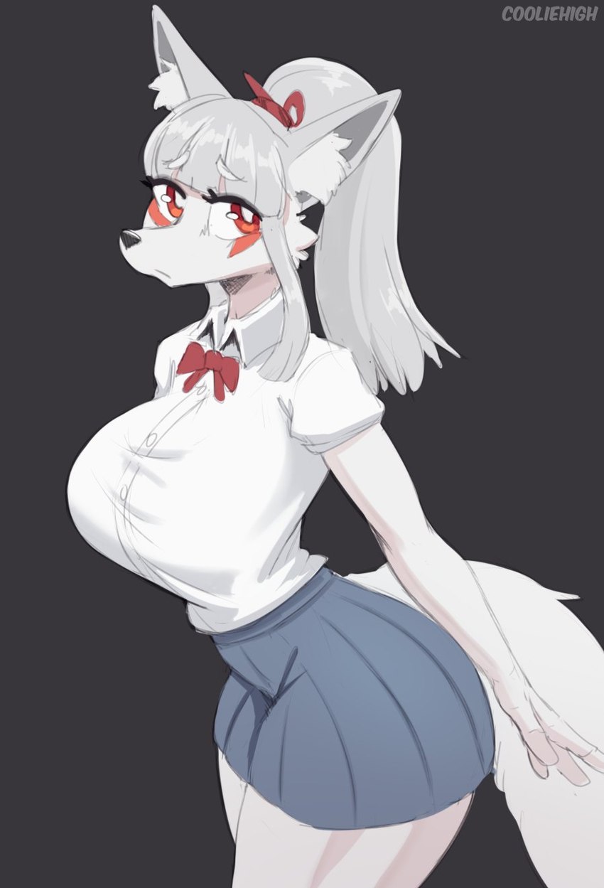 accessory anthro bottomwear bow_tie clothed clothing female fur grey_hair hair hair_accessory hair_tie inner_ear_fluff looking_aside ponytail red_eyes school_uniform shirt simple_background skirt solo topwear tuft uniform white_body white_fur white_inner_ear_fluff cooliehigh tamamo-chan's_a_fox tamamo_fushimi canid canine fox mammal 2022 hi_res