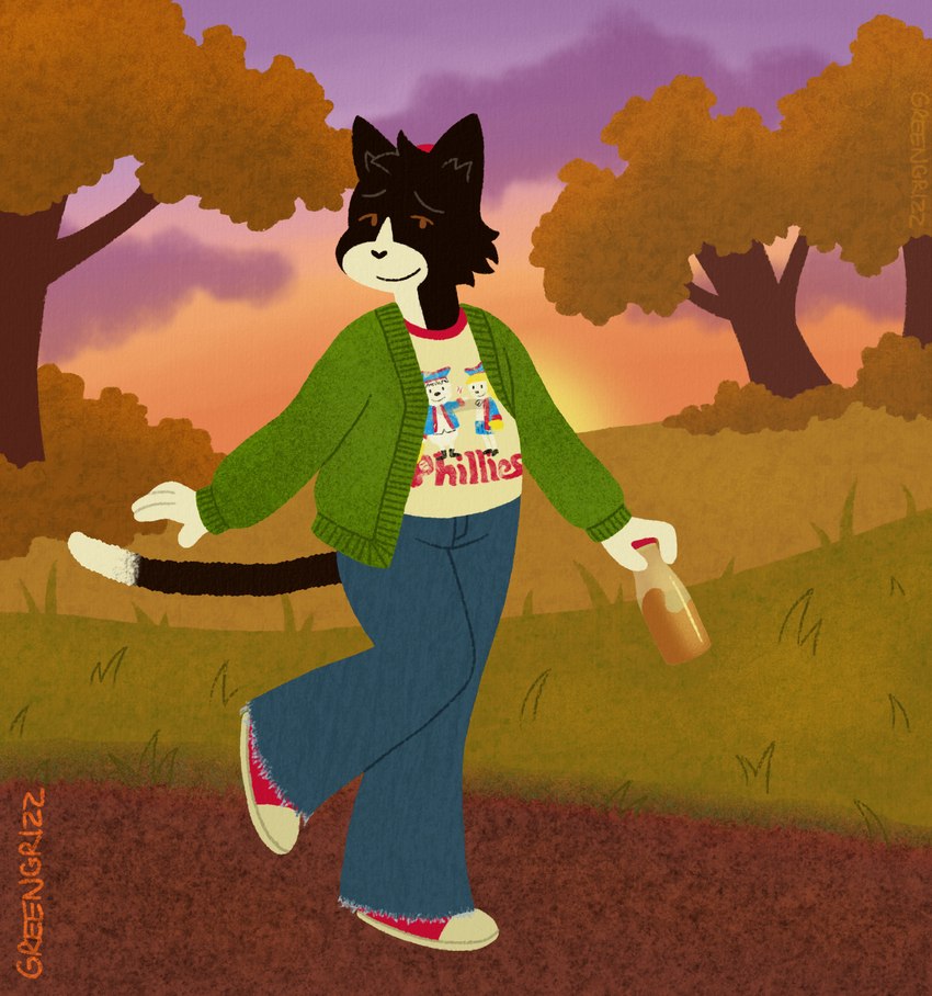 5_fingers anthro autumn bent_leg beverage black_body black_fur black_hair black_nose black_tail blue_bottomwear blue_clothing blue_pants bottle bottomwear brown_eyes cheek_tuft closed_smile clothed clothing cloud container dot_eyes evening facial_tuft fingers footwear fully_clothed fully_clothed_anthro fully_clothed_male fur grass green_clothing green_sweater green_topwear hair hat headgear headwear holding_beverage holding_bottle holding_container holding_object looking_at_viewer male male_anthro mouth_closed multicolored_body multicolored_fur open_sweater orange_sky outside pants path plant purple_clouds red_clothing red_footwear red_hat red_headwear red_shoes shirt shoes short_hair shrub sky smile smiling_at_viewer solo sun sunset sweater tail tan_clothing tan_shirt tan_topwear tank_top text text_on_clothing text_on_shirt text_on_topwear thin_eyebrows topwear tree tuft two_tone_body two_tone_fur walking white_body white_clothing white_fur white_shirt white_tank_top white_topwear greengrizz philadelphia_phillies menachem_mendel_(menchy)_rappaport domestic_cat felid feline felis mammal 2024 absurd_res artist_name colored digital_drawing_(artwork) digital_media_(artwork) english_description hi_res