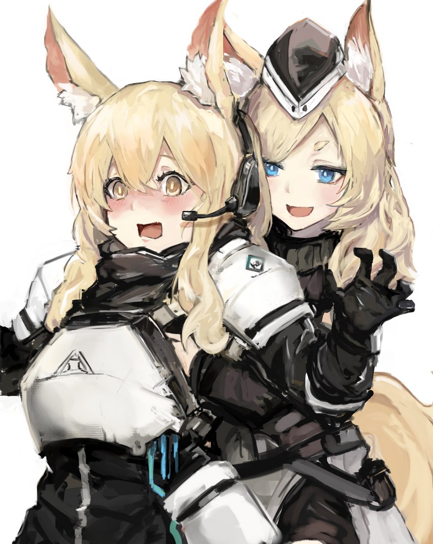 blonde_hair blue_eyes breasts clothing duo female female/female fur hair hand_on_breast headgear humanoid_on_humanoid inner_ear_fluff smile tuft white_body white_fur yellow_eyes g-nai arknights hypergryph studio_montagne nearl_(arknights) whislash_(arknights) animal_humanoid equid equid_humanoid humanoid mammal mammal_humanoid 2020 hi_res