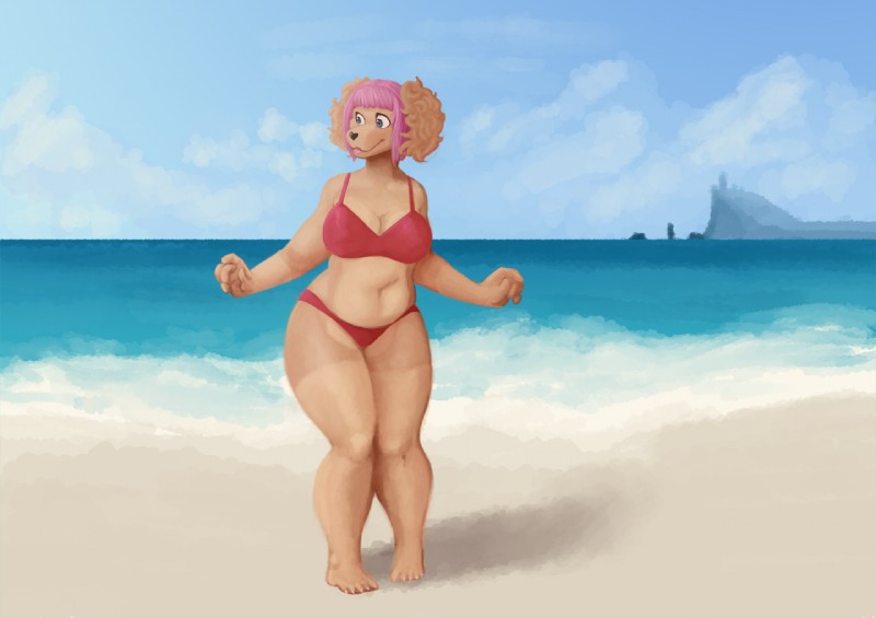 5_fingers 5_toes anthro barefoot beach belly big_breasts bikini black_nose blue_eyes blue_sky blue_water breasts brown_body brown_fur cleavage clothed clothing cloud dark_nose dark_pupils day detailed_background feet female fingers front_view fur furry_ears hair heart_nose heart_symbol humanoid_feet humanoid_hands knock-kneed legs_together looking_aside monotone_belly monotone_bikini monotone_body monotone_breasts monotone_clothing monotone_face monotone_feet monotone_fur monotone_hair monotone_hands monotone_skin monotone_swimwear navel outside pink_hair plantigrade pupils red_bikini red_clothing red_swimwear sand sea seaside sky slightly_chubby small_pupils snout solo standing swimwear tan_belly tan_body tan_breasts tan_ears tan_face tan_feet tan_fur tan_skin toes two-piece_swimsuit water wide_eyed ethriol ethriol_(character) canid canine mammal 2015 digital_media_(artwork) digital_painting_(artwork)