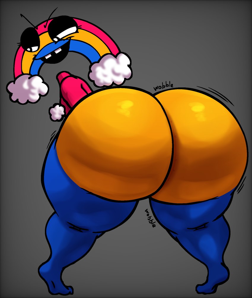 barefoot big_butt black_eyebrows black_eyes blue_body butt butt_jiggle cloud eyebrows feet female for_a_head grey_background huge_butt jiggling missing_tooth multicolored_body nude open_mouth open_smile pink_body pupils rainbow simple_background smile solo white_pupils yellow_body nanodude78 five_nights_at_freddy's five_nights_at_freddy's_world scottgames chica's_magic_rainbow_(character) humanoid object_head hi_res