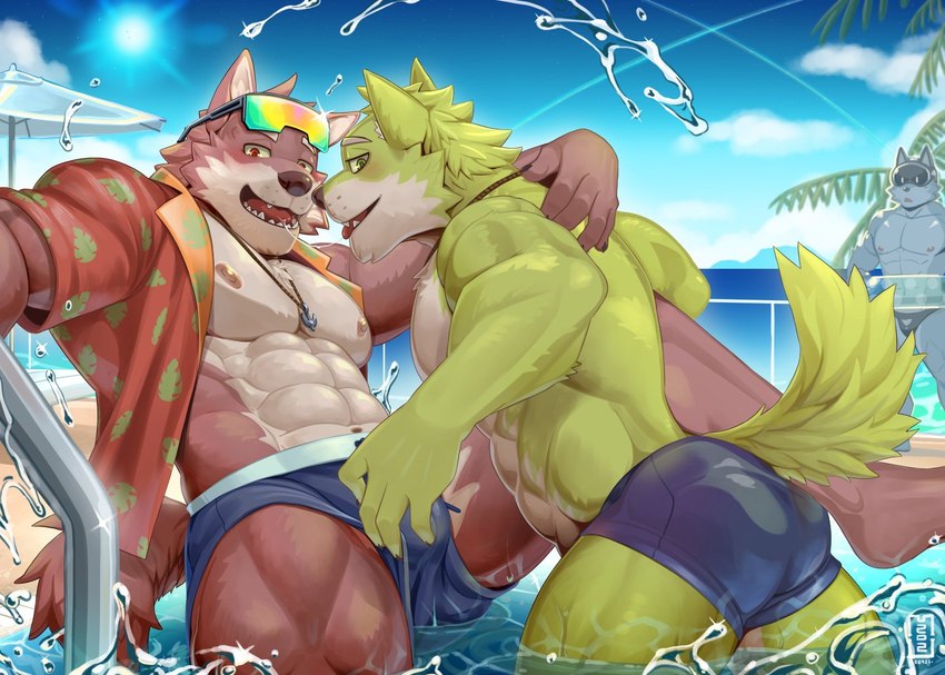 abs aloha_shirt anthro blush bulge butt clothing duo eyewear fur green_body green_fur grope male male/male muscular muscular_anthro muscular_male nipples pattern_clothing pattern_shirt pattern_topwear pecs poolside red_body red_fur shirt shirtless speedo sunglasses swimwear topwear water mumu202 lifewonders live_a_hero wolf_villain_(live_a_hero) canid canine canis mammal wolf