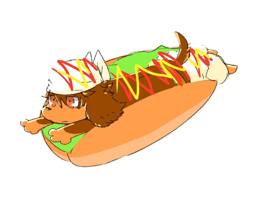 anthro brown_body brown_fur floppy_ears food food_fetish food_play fur hot_dog_bun humor kerchief ketchup long_body male mustard relish_(food) solo young young_anthro hiroshi_wac cyberconnect2 fuga:_melodies_of_steel little_tail_bronx jin_macchiato basset_hound canid canine caninu canis domestic_dog hunting_dog mammal scent_hound 2021 4:3 hi_res japanese_description