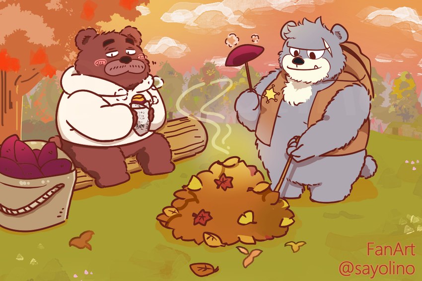 anthro autumn blush brown_body brown_fur clothing detailed_background duo fur grey_body grey_fur hat headgear headwear hoodie kemono leaf male outside plant scar sitting slightly_chubby topwear tree sayolino kumalino sanrio brew_(kumalino) roast_(kumalino) bear mammal 2023