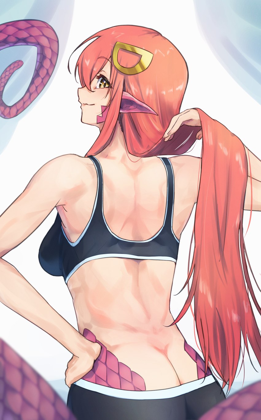 accessory amber_eyes apode athletic athletic_female back_muscles boxer_briefs boxers_(clothing) bra butt clothing female hair hair_accessory hand_on_hip holding_hair humanoid_pointy_ears legless lifting_hair long_hair looking_at_viewer looking_back monster_girl_(genre) pointy_ears rear_view red_hair scales serpentine solo split_form sports_bra touching_hair underwear harako_mesi monster_musume miia_(monster_musume) animal_humanoid draconcopode humanoid lamia reptile reptile_humanoid scalie scalie_humanoid snake snake_humanoid absurd_res hi_res