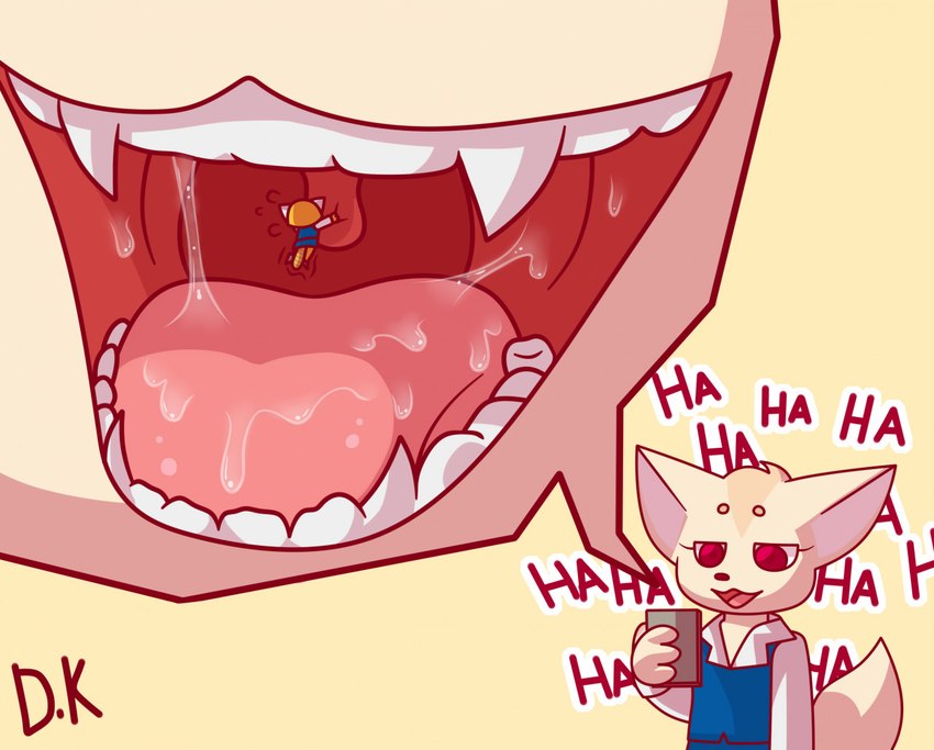 anthro anthro_pred bodily_fluids close-up duo extreme_size_difference female female/female female_pred holding_uvula imminent_oral_vore imminent_vore in_mouth laugh micro mouth_shot open_mouth saliva saliva_on_tongue saliva_string size_difference teeth throat tongue uvula vore d.kobayashisan aggretsuko sanrio fenneko retsuko ailurid canid canine fennec_fox fox mammal red_panda true_fox