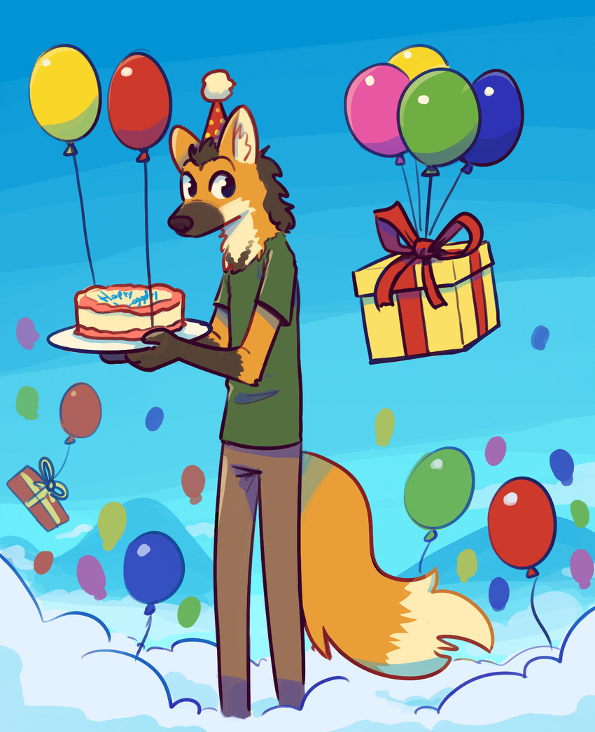 anthro arm_tuft balloon birthday birthday_cake blue_sky bottomwear bow_(feature) bow_ribbon box brown_body brown_fur cake cake_writing clothed clothing cloud container dessert dipstick_tail elbow_tuft facial_markings food fur fur_markings gift gift_bow gift_box gloves_(marking) happy_birthday hat head_markings headgear headwear holding_cake holding_food holding_object inflatable inner_ear_fluff male markings multicolored_tail muzzle_(marking) neck_tuft orange_body orange_fur pants party_hat pattern_clothing pattern_hat pattern_headgear pattern_headwear pom_hat shirt sky snout snout_markings solo spots spotted_clothing spotted_hat spotted_headgear spotted_headwear t-shirt tail tail_markings tall topwear tuft white_body white_fur fuel_(artist) lucas_(manedwolf) canid canine mammal maned_wolf 2020 hi_res