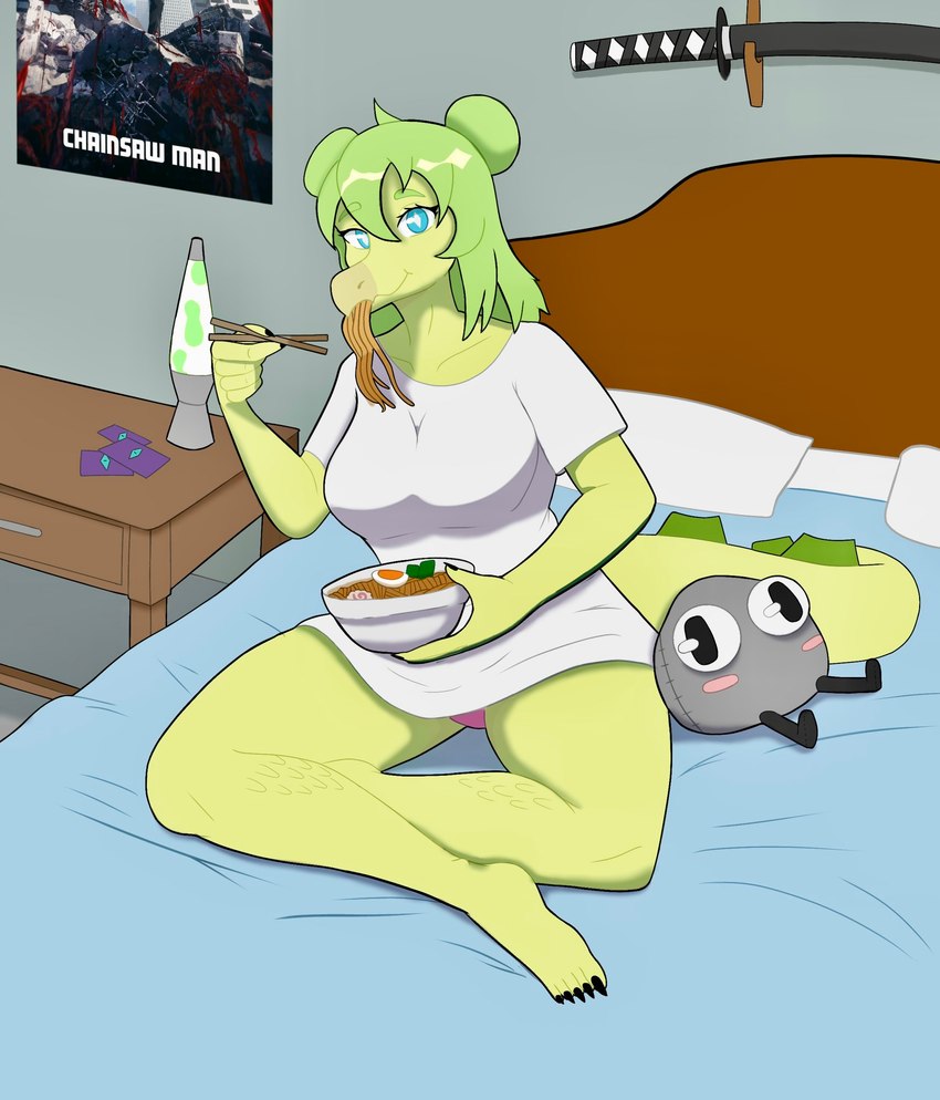 5_fingers 5_toes anthro bed bedroom big_breasts blue_eyes breasts chopsticks claws clothing detailed_background eating eating_food eyelashes feet female fingers food furniture green_hair hair hair_bun lamp lava_lamp long_tail looking_at_viewer melee_weapon noodles on_bed panties panty_shot pink_clothing pink_panties pink_underwear plushie poster_(object) ramen ramen_bowl scales shirt sitting sitting_on_bed smile snout solo spiked_tail spikes spikes_(anatomy) sword tail thick_thighs toe_claws toes topwear underwear weapon white_clothing white_shirt white_topwear yellow_body yellow_scales sodawave_(artist) cavemanon_studios chainsaw_man goodbye_volcano_high snoot_game jj_(jj) stella_(gvh_beta) dinosaur ornithischian prehistoric_species reptile scalie stegosaurian stegosaurus thyreophoran 2024 digital_drawing_(artwork) digital_media_(artwork) hi_res