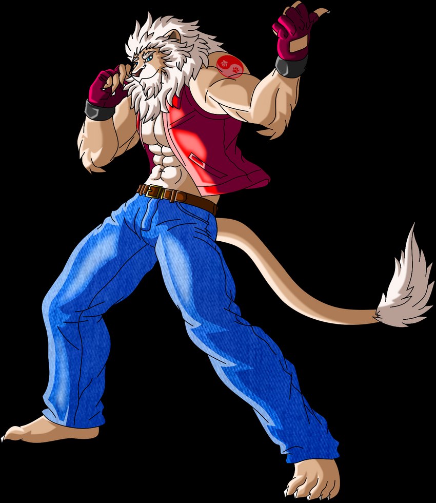 5_toes anthro bottomwear clothing cosplay feet fluffy gloves handwear male muscular pants pecs smile solo symbol toes yin_yang vixol fatal_fury illumination_entertainment sing_(movie) snk clay_calloway_(sing) terry_bogard felid humanoid lion mammal pantherine alpha_channel hi_res