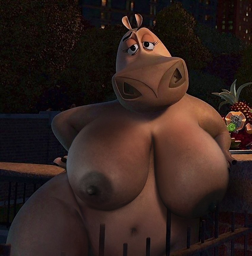 anthro areola belly big_breasts big_nipples breasts brown_areola brown_nipples building female fence food fruit grey_body half-closed_eyes hands_on_hips huge_breasts looking_at_viewer narrowed_eyes navel nipples nude outdoor_nudity outside photobashing pineapple plant solo tree wide_hips venjiiart dreamworks madagascar_(series) gloria_the_hippopotamus common_hippopotamus hippopotamid mammal hi_res photo_manipulation screencap_edit