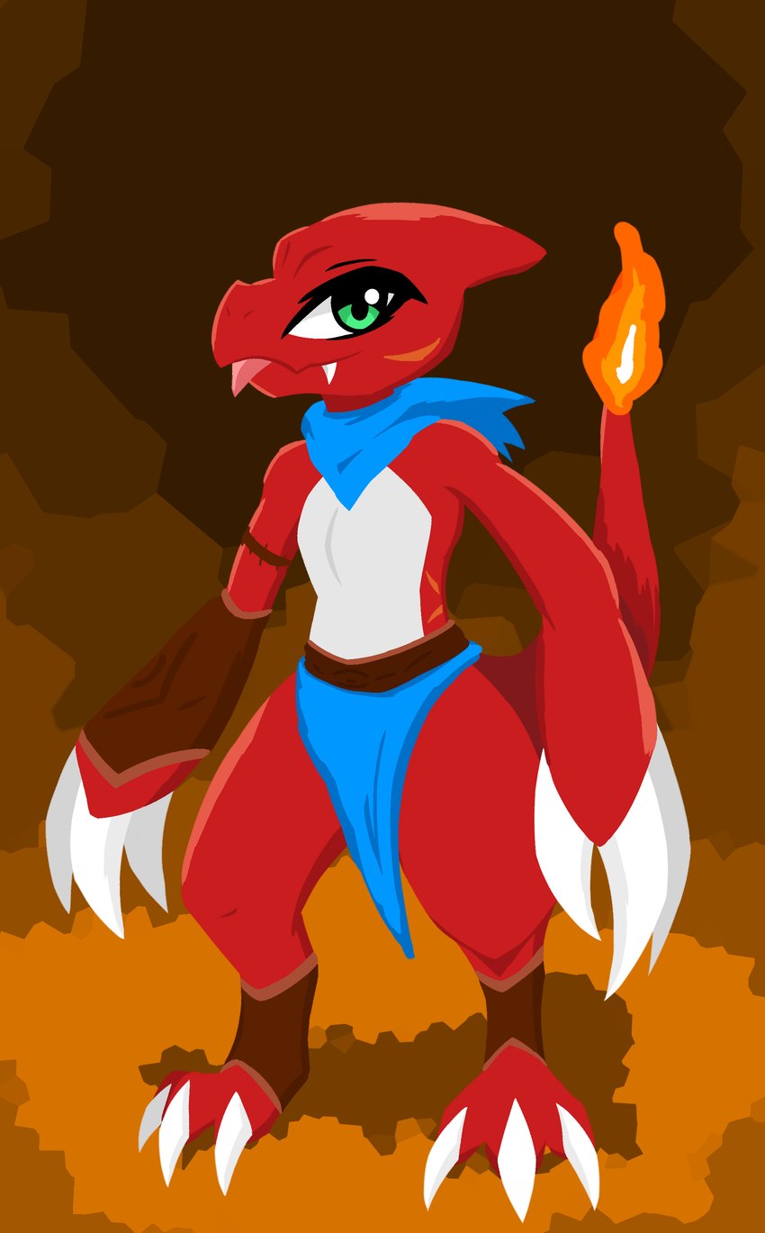 3_toes anthro armor blep bottomwear claws clothing feet fire gauntlets gloves green_eyes handwear loincloth male red_body scarf solo toe_claws toes tongue tongue_out shadowsoulful nintendo pokemon zethe_(shadowsoulful) charmeleon generation_1_pokemon pokemon_(species) reptile scalie absurd_res hi_res lineless