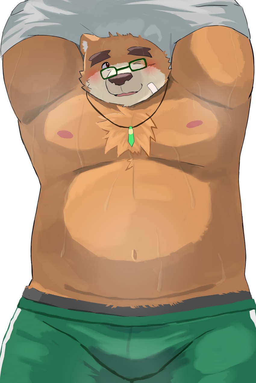 anthro blush bodily_fluids brown_body clothing kemono male musk one_eye_closed overweight overweight_male solo sweat underwear undressing wink 9dtq0 lifewonders tokyo_afterschool_summoners volos_(tas) bear mammal 2023 absurd_res hi_res