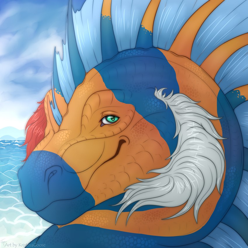 blue_body blue_membrane blue_scales feral fur green_eyes looking_at_viewer male membrane_(anatomy) orange_body orange_scales red_body red_fur scales solo white_body white_fur kristinagoose_(artist) mythology aquatic_dragon dragon marine mythological_creature mythological_scalie scalie 1:1 headshot_portrait hi_res portrait