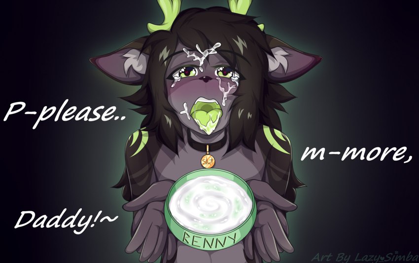 anthro antlers bdsm black_body black_fur black_hair blush bodily_fluids bowl collar container cum cum_in_bowl cum_in_container cum_in_hair cum_on_face daddy_kink dialogue ears_back femboy fur genital_fluids glowing glowing_markings green_eyes green_tongue hair heart_eyes heart_symbol holding_bowl holding_container holding_object horn inner_ear_fluff looking_at_viewer male markings open_mouth oral_invitation pet_bowl petplay pivoted_ears roleplay solo submissive submissive_male text tongue tuft lazy_simba renny_(darkwheel1) deer domestic_cat felid feline felis hybrid mammal tag_(disambiguation) english_text