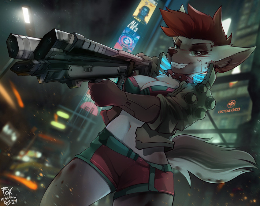 5_fingers anthro big_breasts bottomwear breasts city cleavage clothed clothing collar curvy_figure cyberpunk female fingers fluffy fluffy_tail front_view fur gloves green_bottomwear green_clothing green_eyes green_shorts grey_body grey_fur grey_tail grin gun hair handwear holding_object holding_ranged_weapon holding_weapon jacket markings multicolored_bottomwear multicolored_clothing multicolored_shorts navel ranged_weapon red_bottomwear red_clothing red_hair red_shorts science_fiction shorts skimpy slim slim_anthro slim_female smile snout solo spiked_collar spikes spots spotted_body spotted_fur spotted_markings standing tail teeth topwear two_tone_bottomwear two_tone_clothing two_tone_shorts weapon wishbone_mouth foxinshadow arasaka cd_projekt_red cyberpunk_2077 yakeera_(hoofen) hyena mammal spotted_hyena 2021 digital_media_(artwork) shaded signature