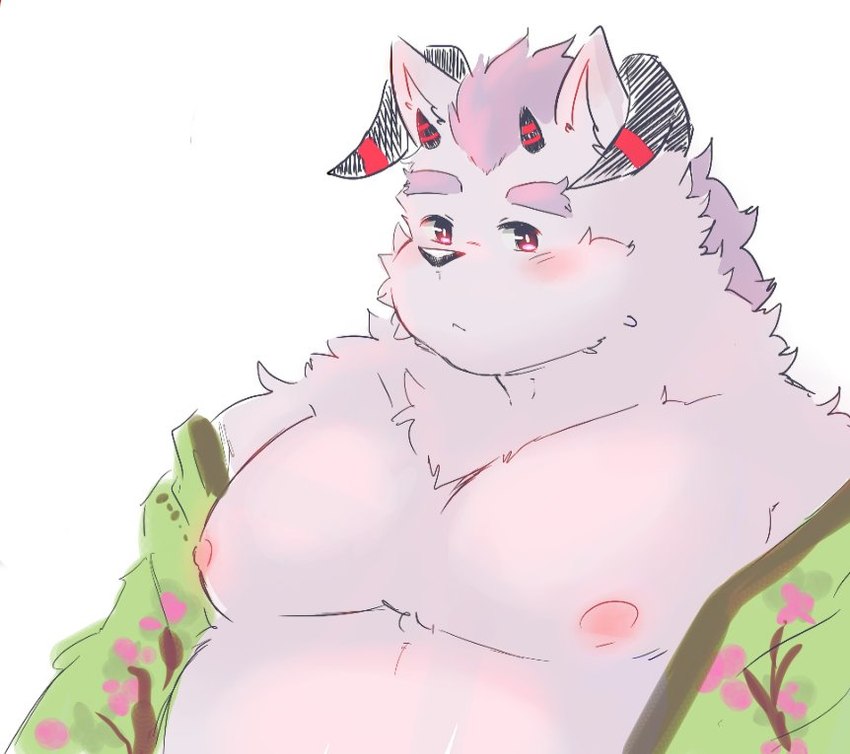 anthro asian_clothing belly blush clothed clothing east_asian_clothing eyebrows fur horn japanese_clothing kimono male nipples off_shoulder open_clothing open_kimono overweight overweight_male pecs purple_body purple_fur solo thick_eyebrows white_body white_fur dragon_night800 lifewonders tokyo_afterschool_summoners behemoth_(tas) monster