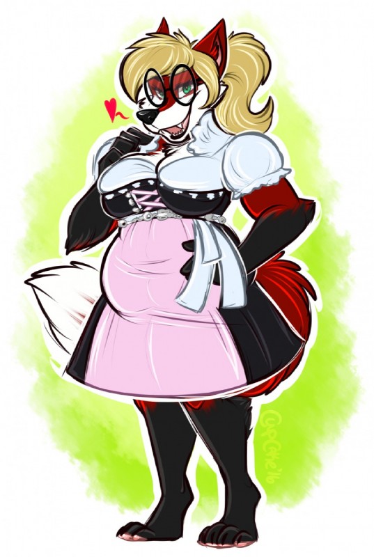 anthro belly big_breasts blonde_hair breasts dirndl eyewear female glasses green_eyes hair long_hair looking_at_viewer open_mouth ponytail slightly_chubby solo cupcakecreature claire_ann_fuchs canid canine fox mammal hi_res