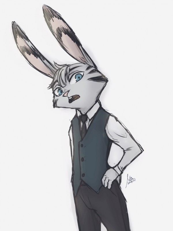 anthro biped black_stripes bottomwear buckteeth clothed clothing ear_markings facial_markings fully_clothed fur grey_body grey_fur head_markings head_tuft looking_at_viewer markings necktie open_mouth pants shirt solo stripes teeth topwear tuft marema_kishin disney zootopia jack_savage lagomorph leporid mammal rabbit 2019 3:4 hi_res