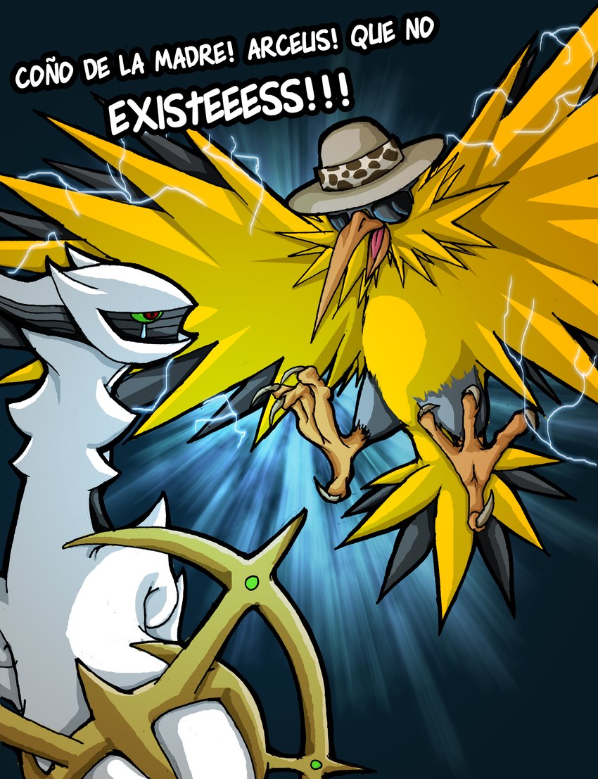 ambiguous_gender atheist clothing dross_rotzank_insults duo electricity eyewear feral hat headgear headwear male sunglasses text white_body yellow_body goth-reaper nintendo pokemon dross_rotzank arceus avian bird deity generation_1_pokemon generation_4_pokemon legendary_pokemon pokemon_(species) zapdos absurd_res hi_res spanish_text translation_check translation_request