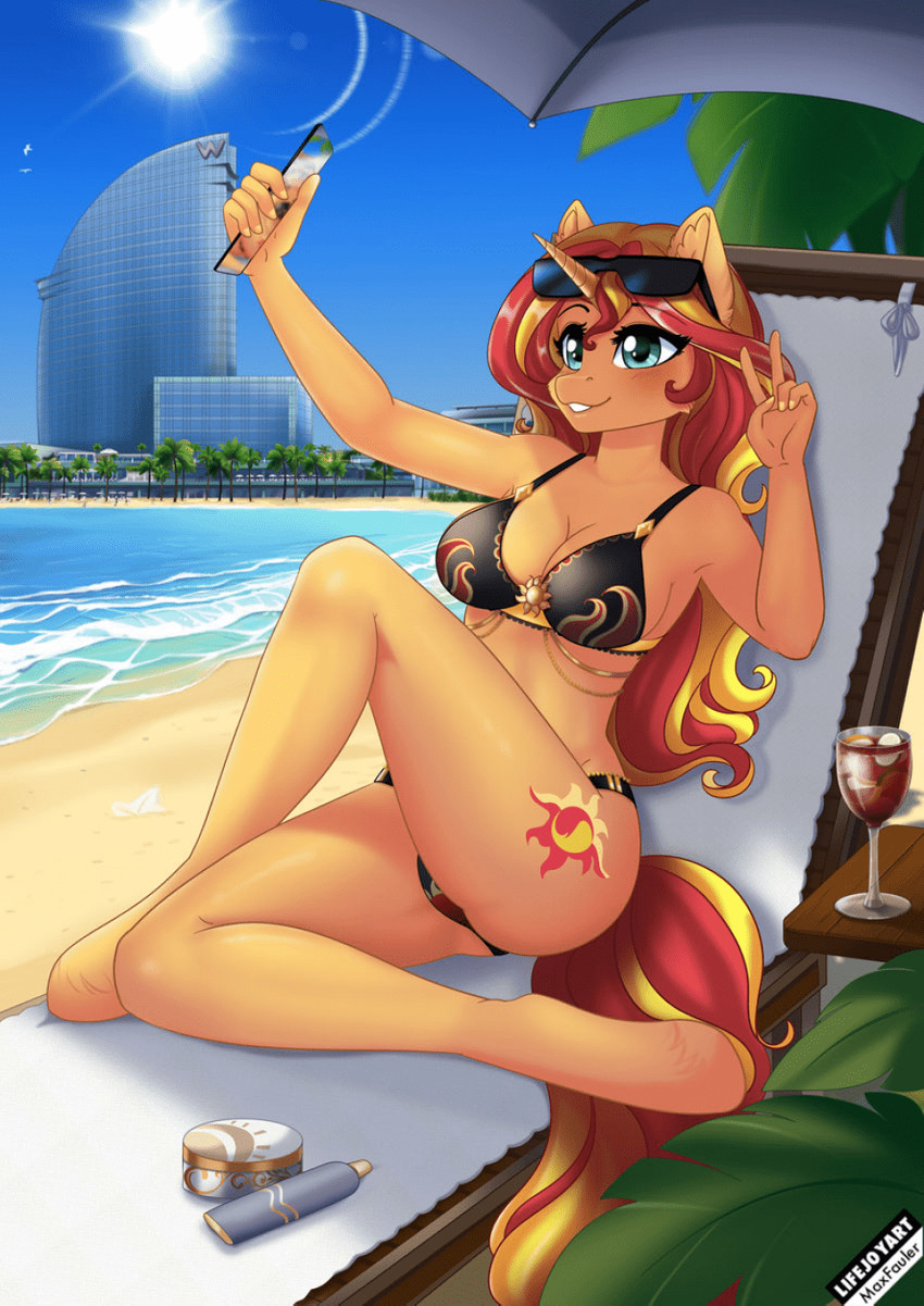 anthro beach big_breasts bikini breasts building cellphone cleavage clothed clothing detailed_background electronics eyewear female horn phone seaside sitting smartphone solo sunglasses swimwear two-piece_swimsuit water lifejoyart equestria_girls hasbro my_little_pony mythology sunset_shimmer_(eg) equid equine mammal mythological_creature mythological_equine unicorn hi_res