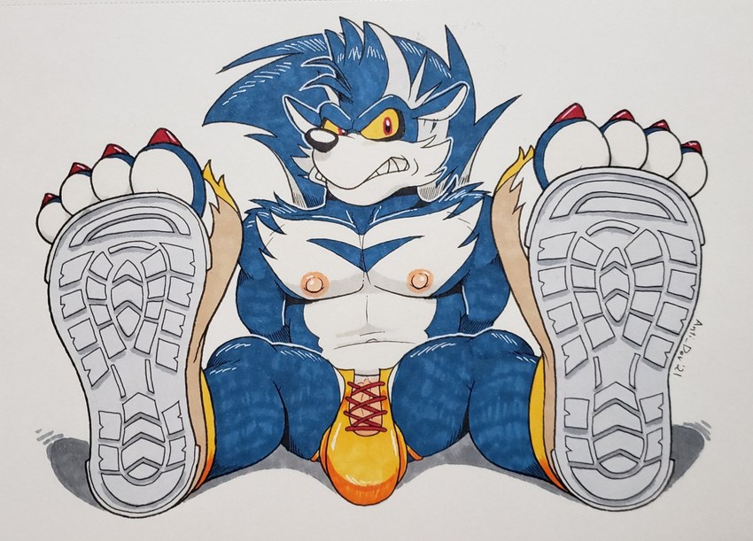 4_toes anthro bulge clothing feet foot_focus footwear genitals male nipples penis shoes simple_background solo toes torn_shoes white_background yellow_sclera anti_dev idw_publishing sega sonic_the_hedgehog_(comics) sonic_the_hedgehog_(idw) sonic_the_hedgehog_(series) rough_the_skunk mammal mephitid skunk 2021 traditional_media_(artwork)