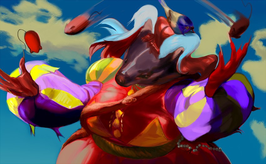 belt big_breasts breasts claws clothed clothing female feral fully_clothed jester jester_outfit juggling outside sky_background solo_focus wide_hips mighty-whydah avian badger bird mammal mustelid musteline 2019 digital_media_(artwork) digital_painting_(artwork) half-length_portrait portrait